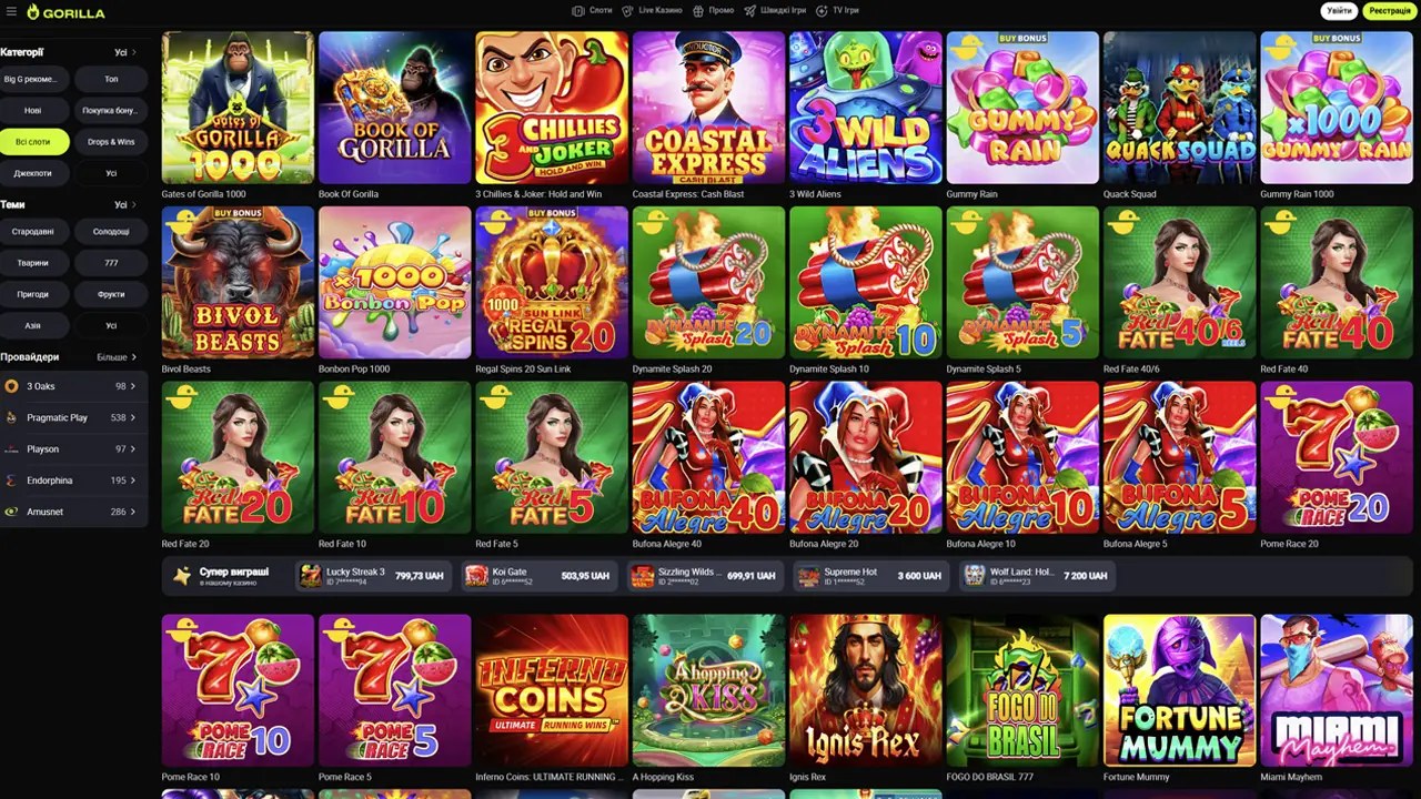 Топові слоти казино Gorilla